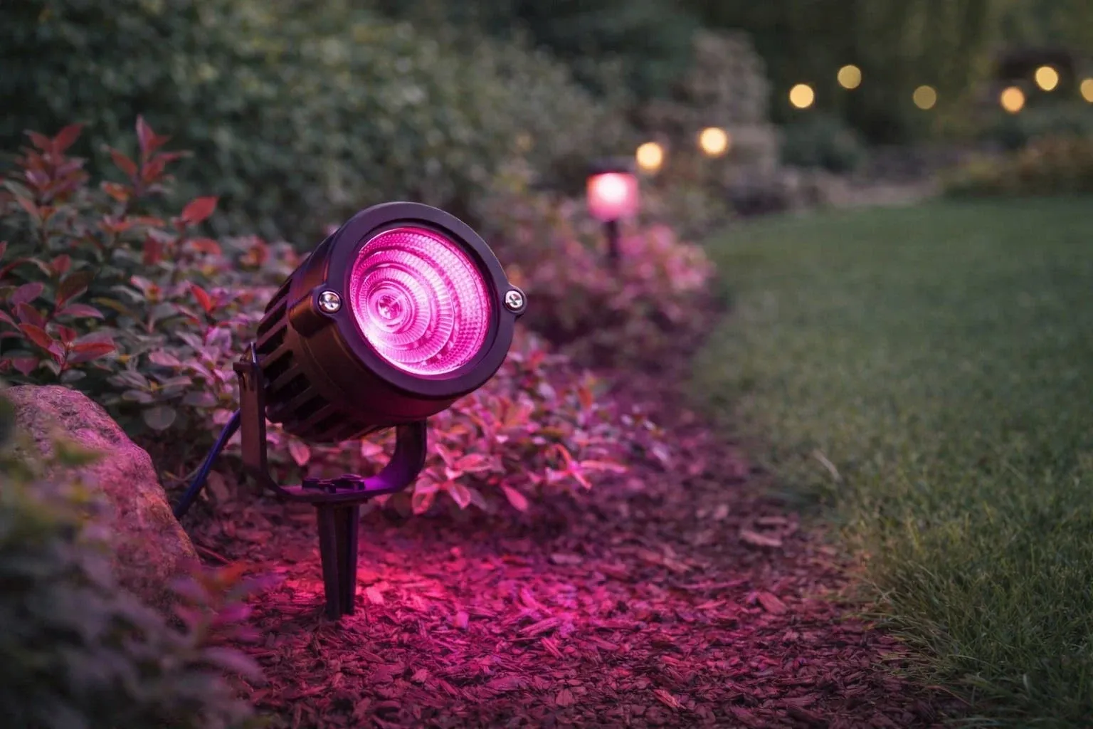Garden spike spotlight casting pink light across garden planting at night