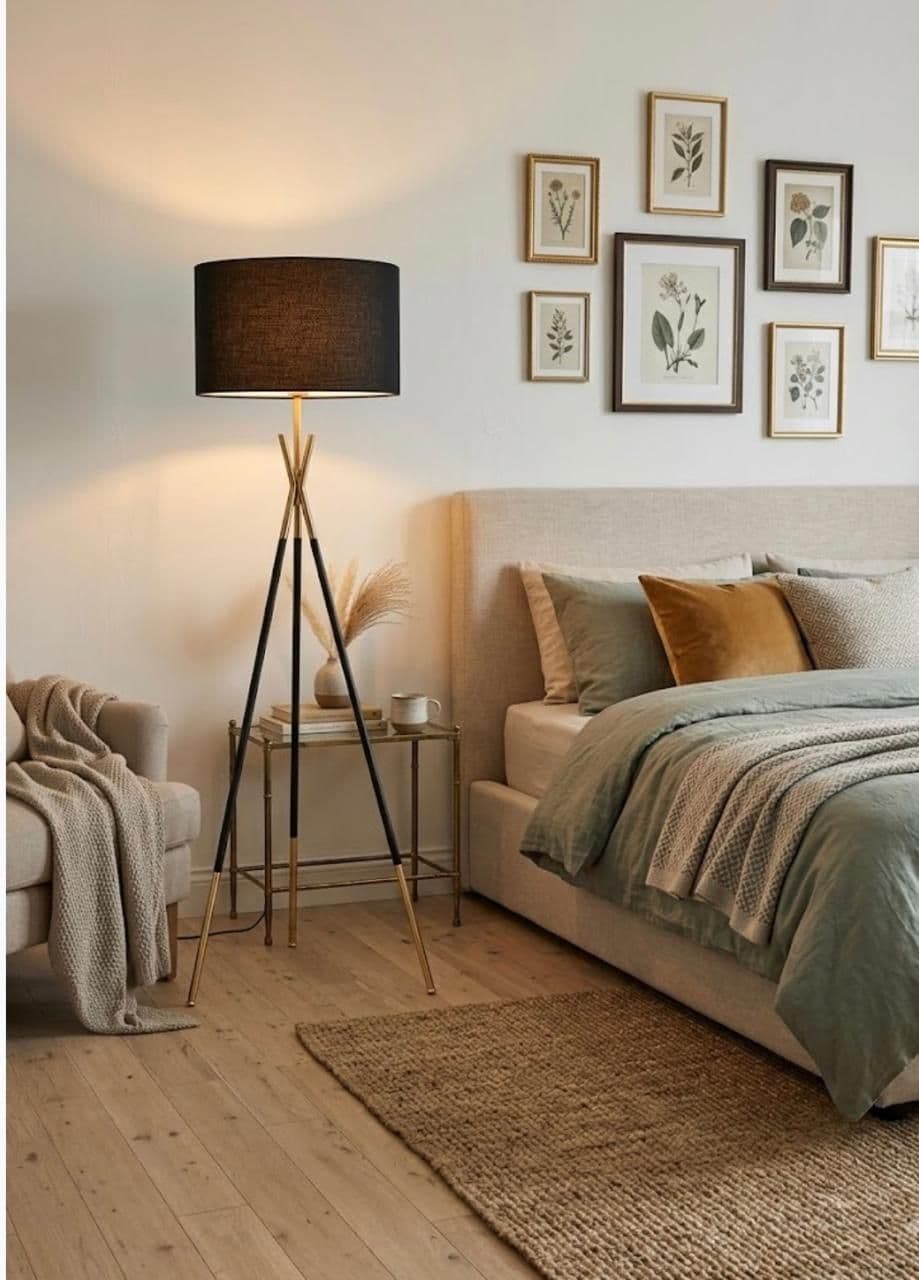 Black tripod floor lamp with brass details lit beside a bed in a neutral bedroom