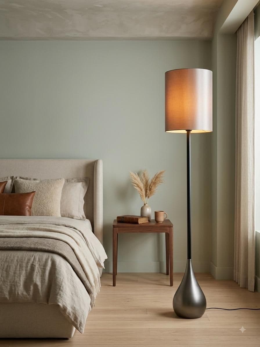 Teardrop floor lamp lit beside a bed in a neutral bedroom corner