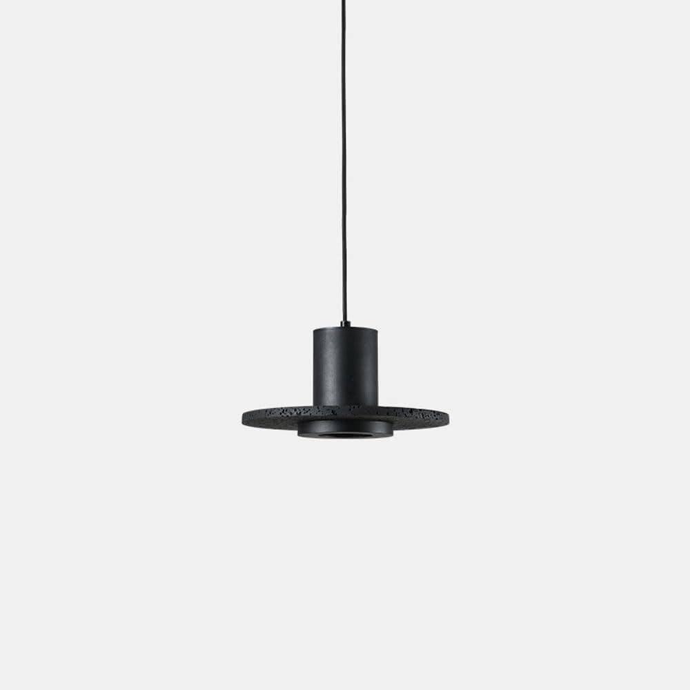Black marble disc pendant light with black cord and ceiling plate, on white