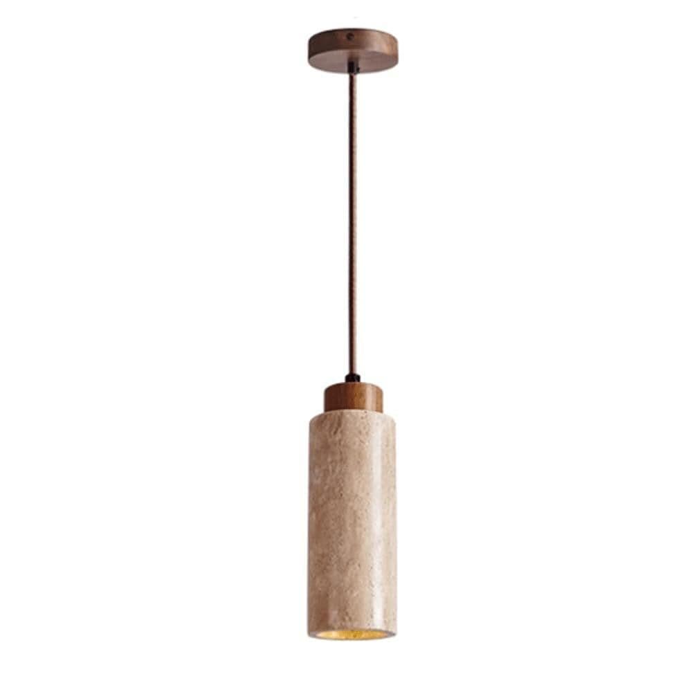 Travertine cylinder pendant light with walnut top, on white background