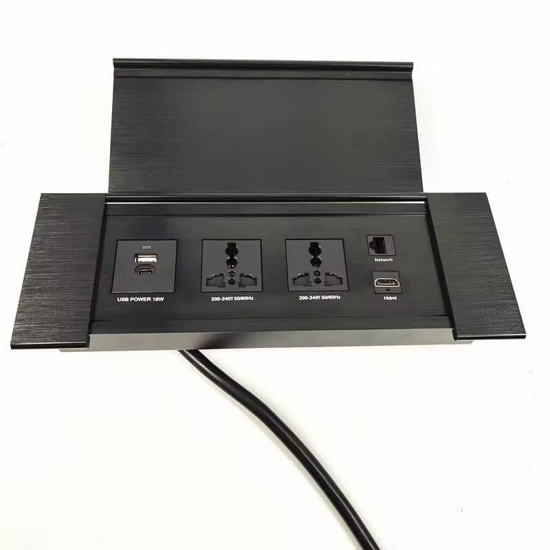 Flip-cover desk power socket installed in a desk surface