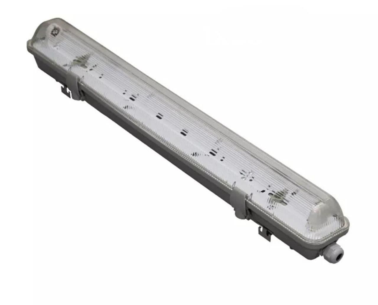T8 LED tube light fixture on white background