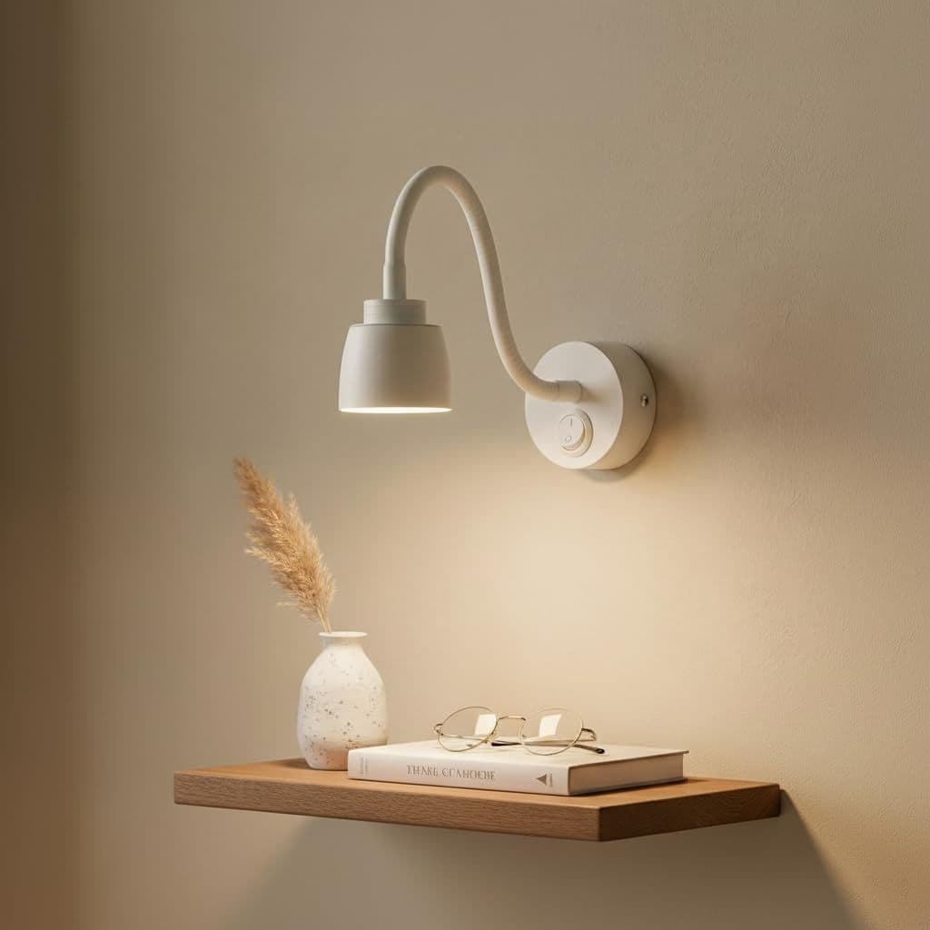 Wall reading light mounted above a wooden nightstand, lit warm