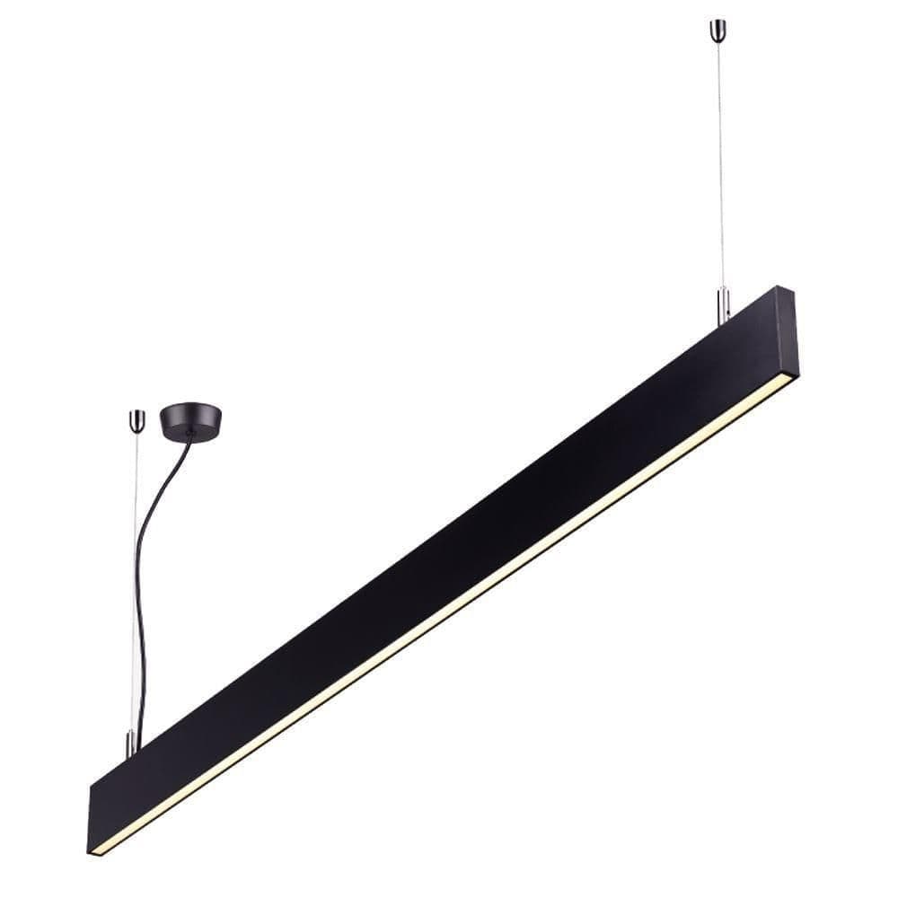 Black linkable LED office pendant light, angled view, on white background