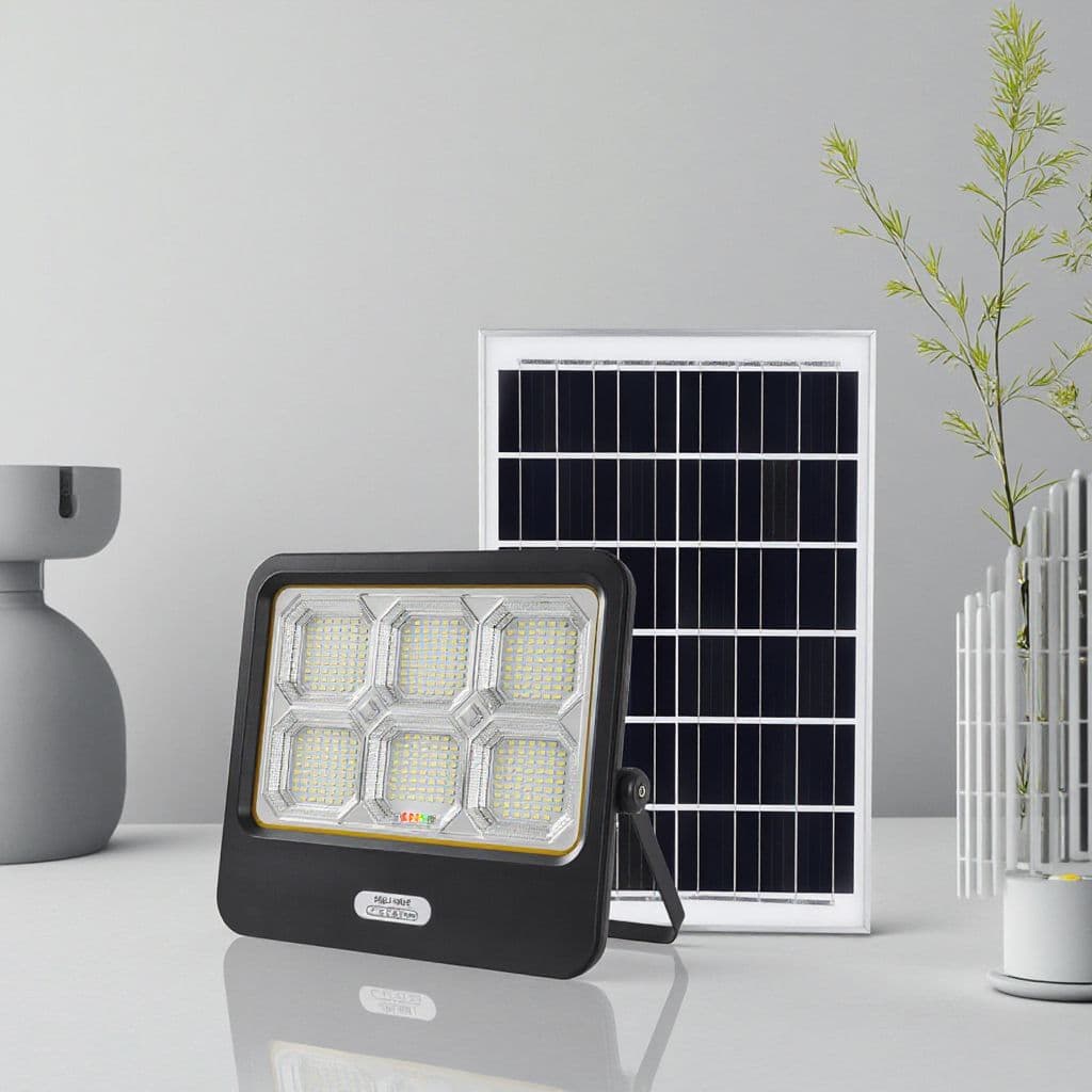 Solar LED flood light with solar panel, styled beside a plant