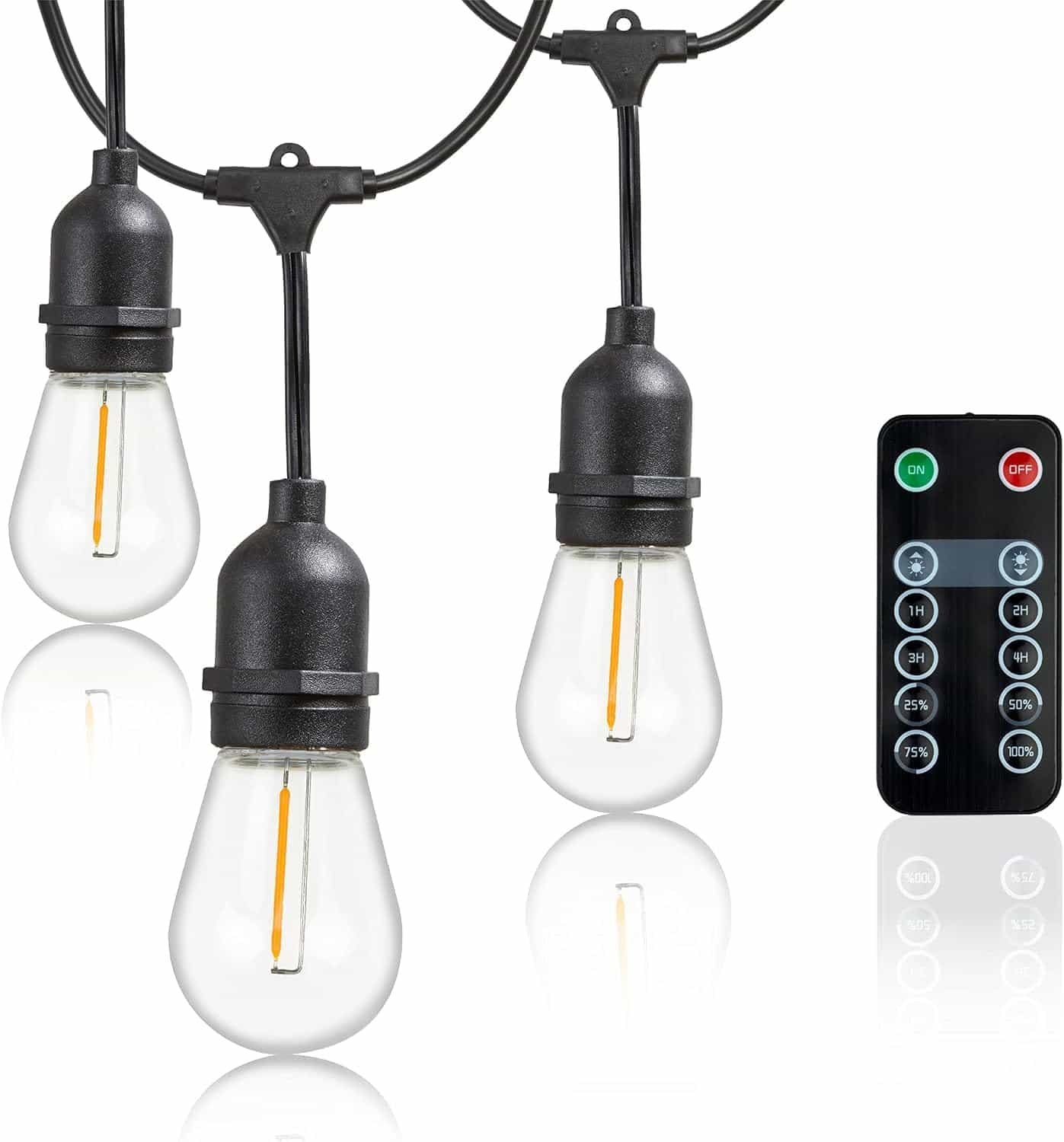 Black LED string lights with bulbs and remote control, on white background