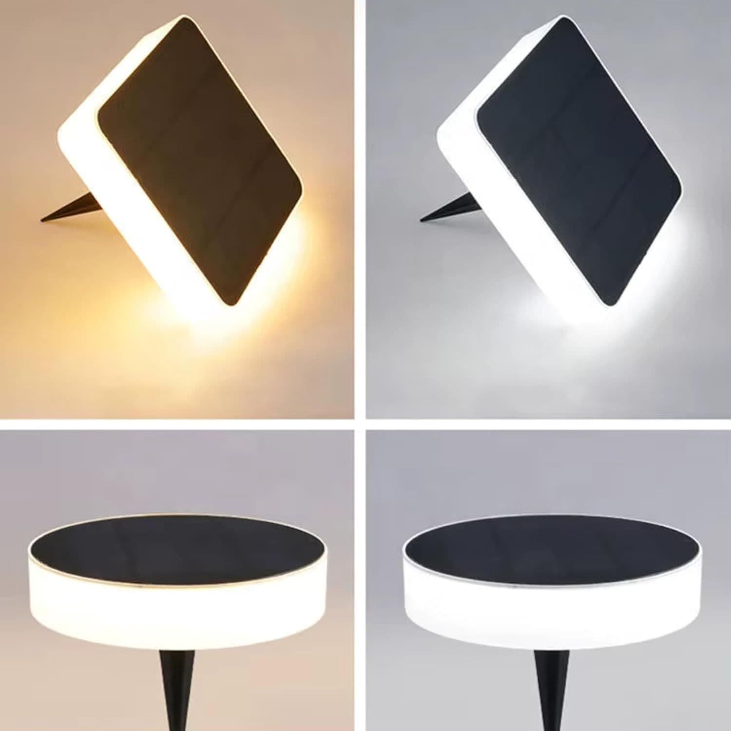 Round and square solar garden lights compared, lit and unlit