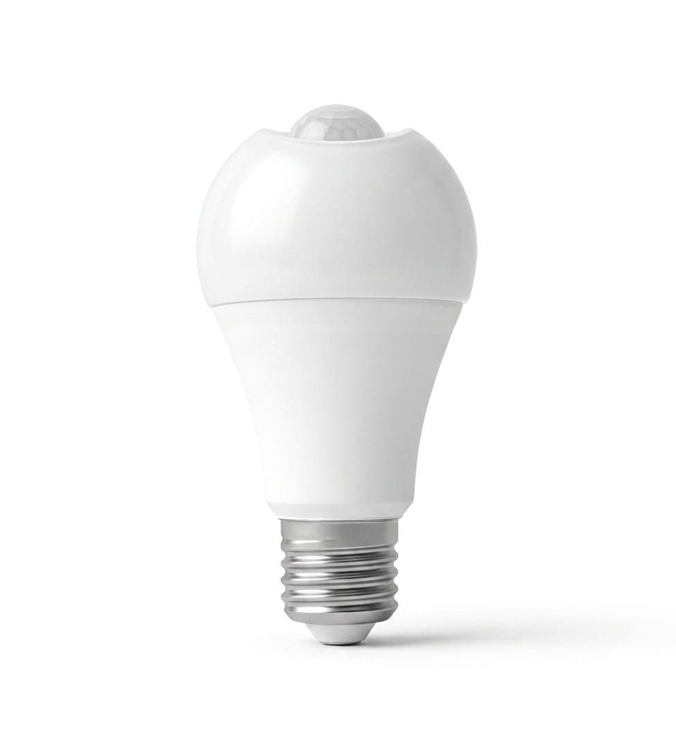 LED motion sensor bulb, standard E27 shape, on white background