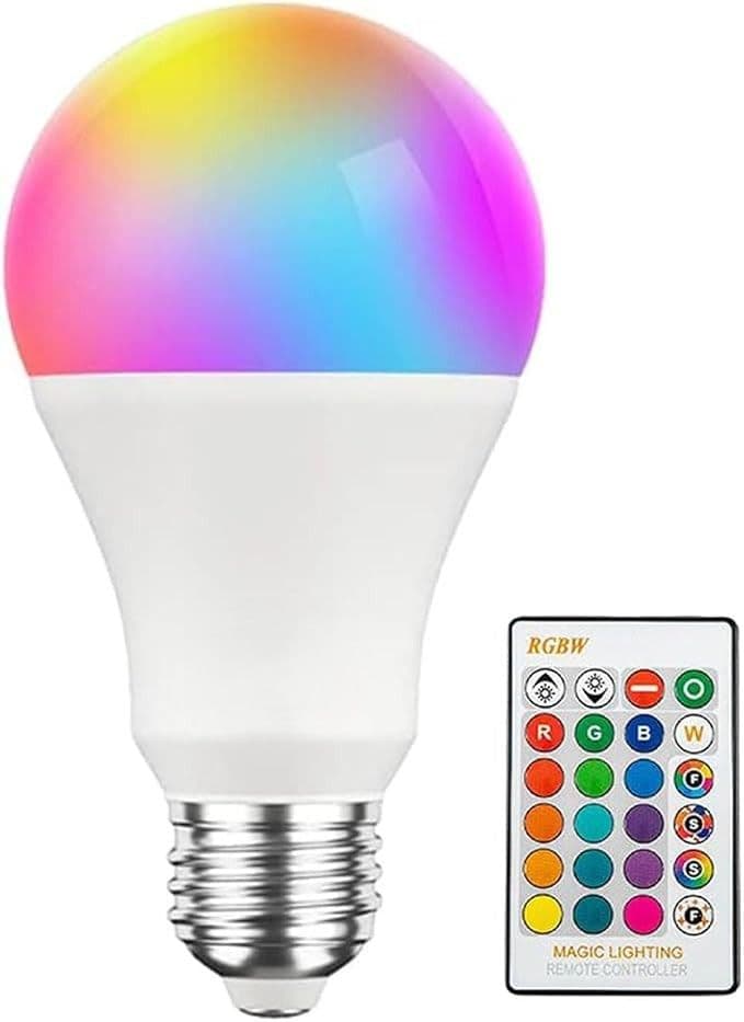 Smart RGBW LED bulb with E27 base and included remote control on plain background