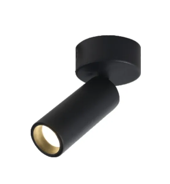 Black single-head LED track spotlight on plain background