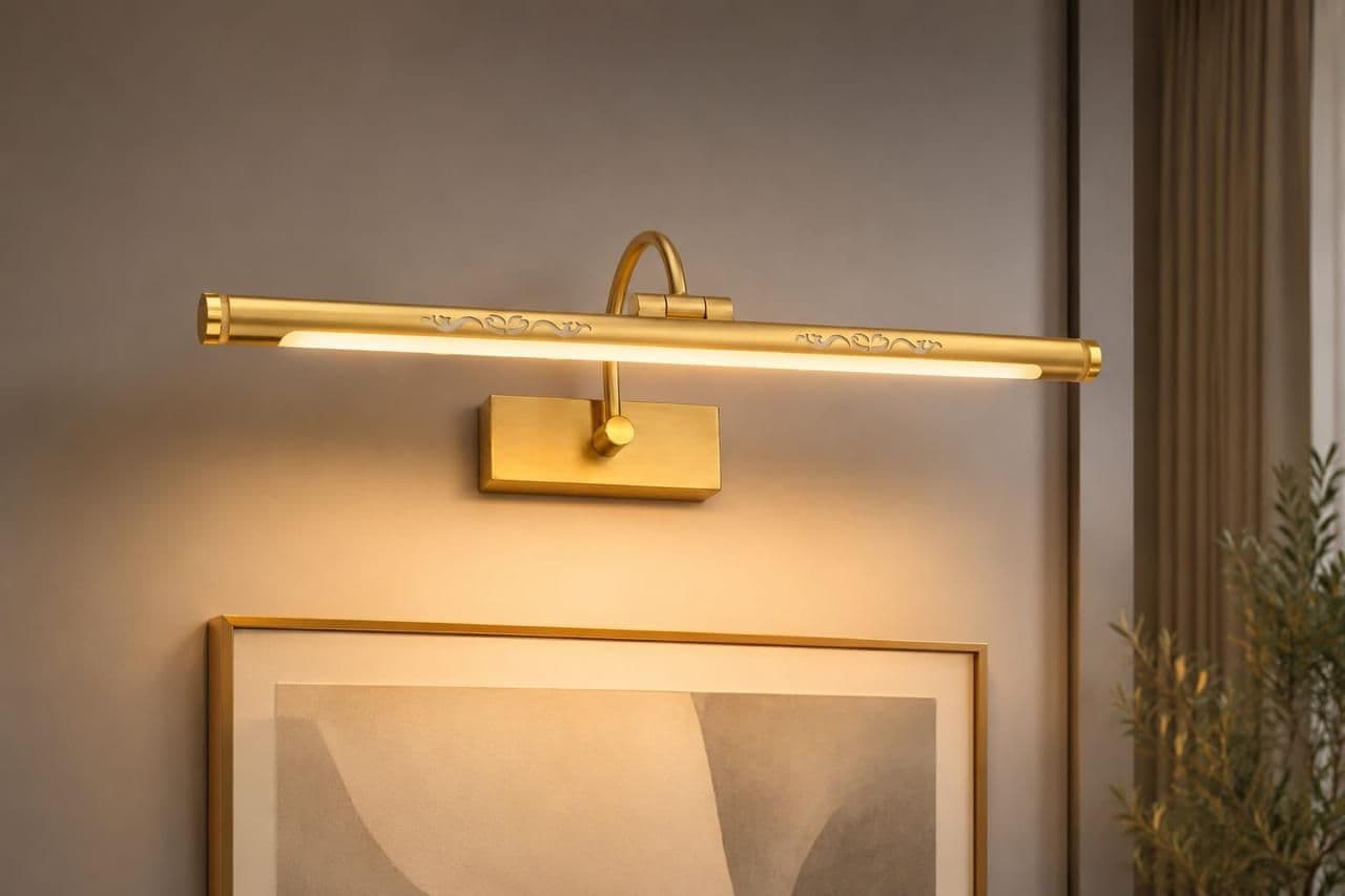 Brass finish LED vanity wall light mounted above framed artwork, illuminated