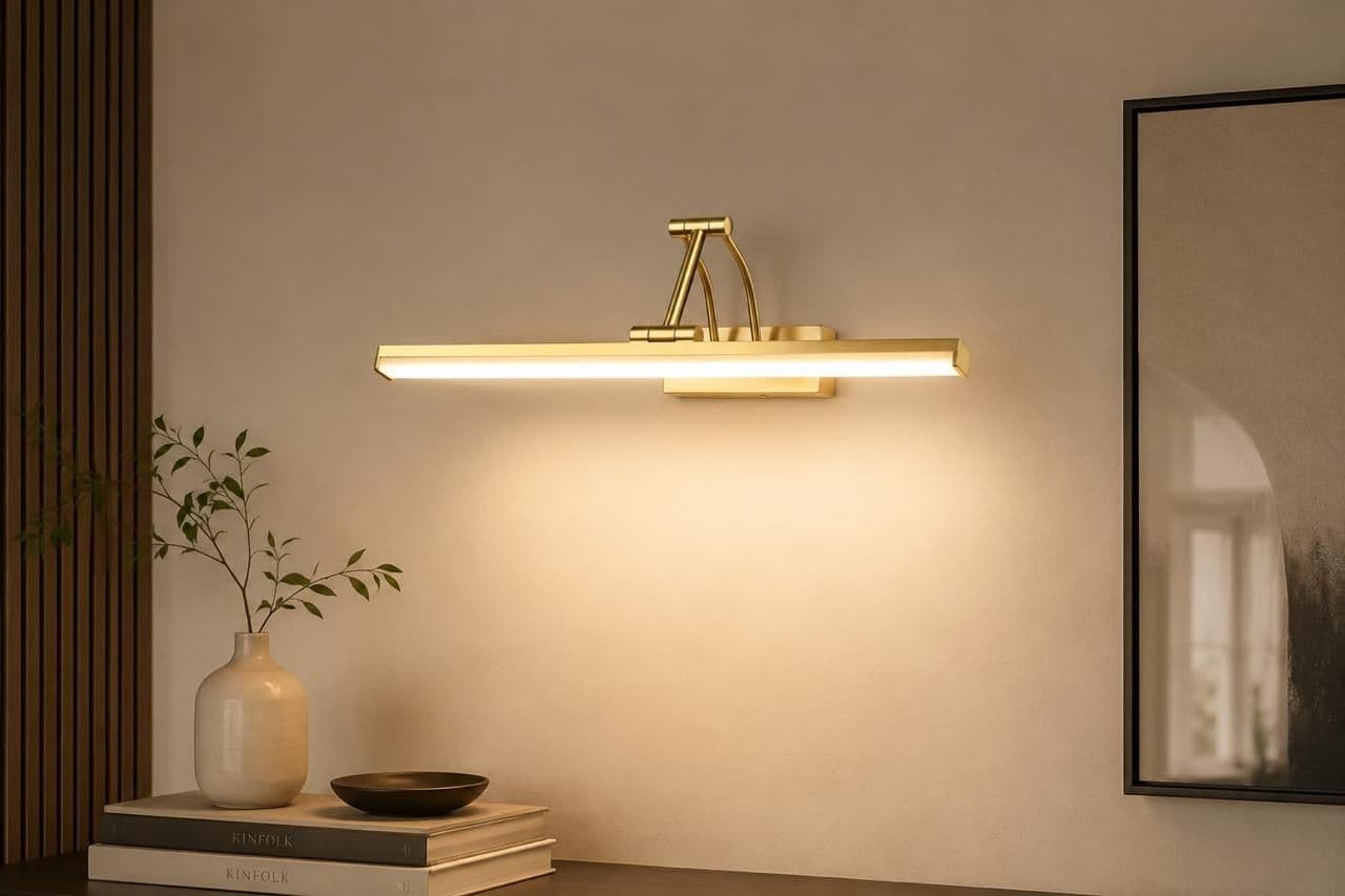 Gold LED vanity light mounted above framed artwork and a mirror, illuminated