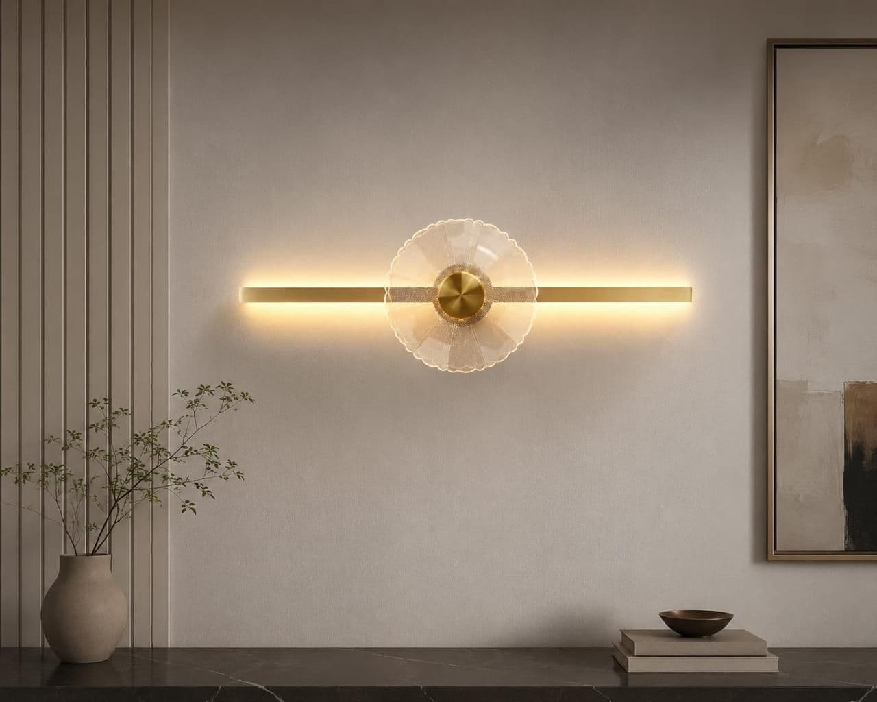 Gold LED vanity light with floral centre accent mounted above a mirror