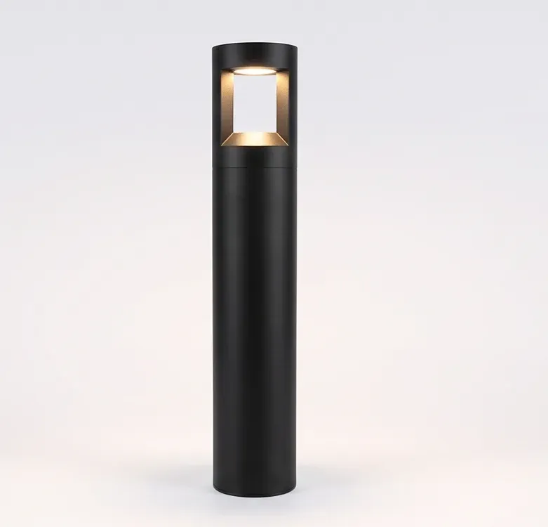 Black aluminium LED garden bollard light on plain background