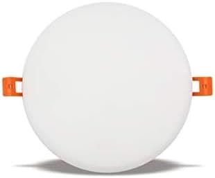 Round white LED ceiling panel light, front view on plain background