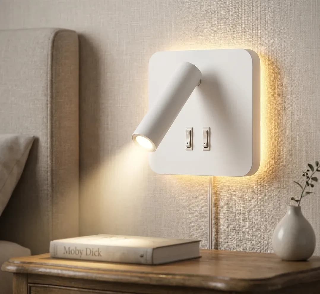 Square white LED wall light with house shaped cutout in the glow.