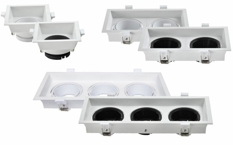 White recessed spot light frames shown in 1, 2, and 3 head sizes together