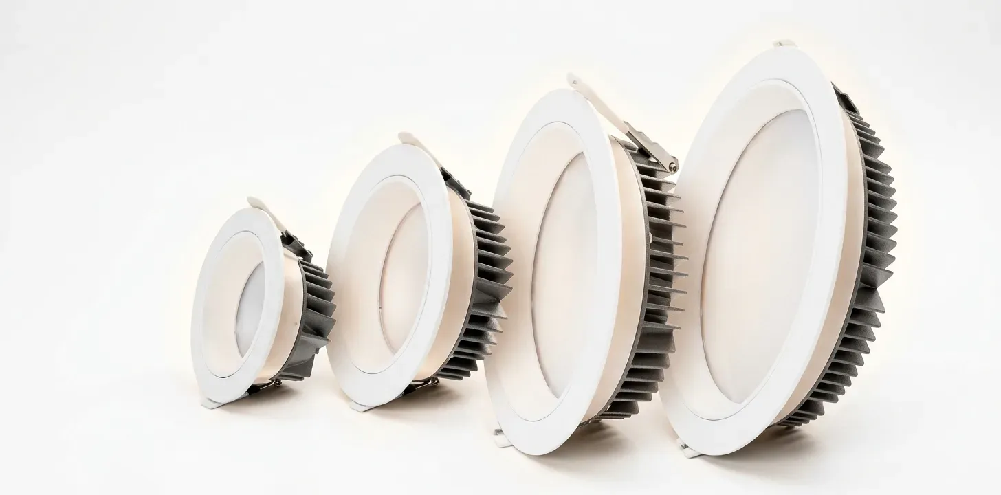 LED recessed downlights shown together in 8W, 12W, 20W, and 40W sizes for size comparison