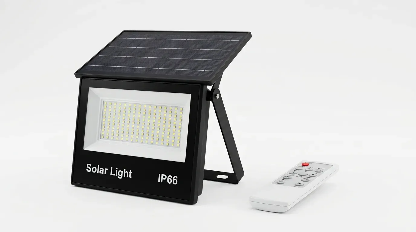 Solar LED flood light with foldable solar panel and remote control