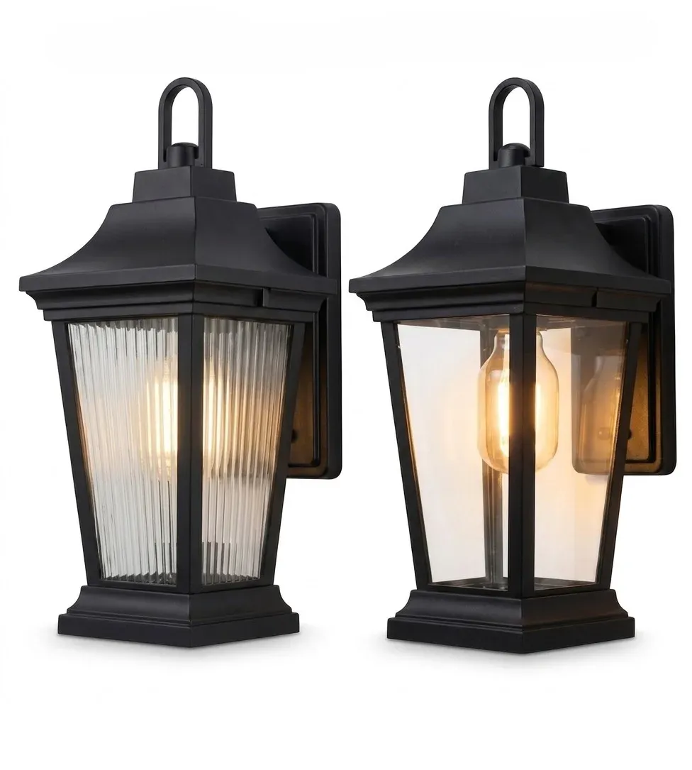 Outdoor wall lamps shown in clear glass and stripe glass side by side