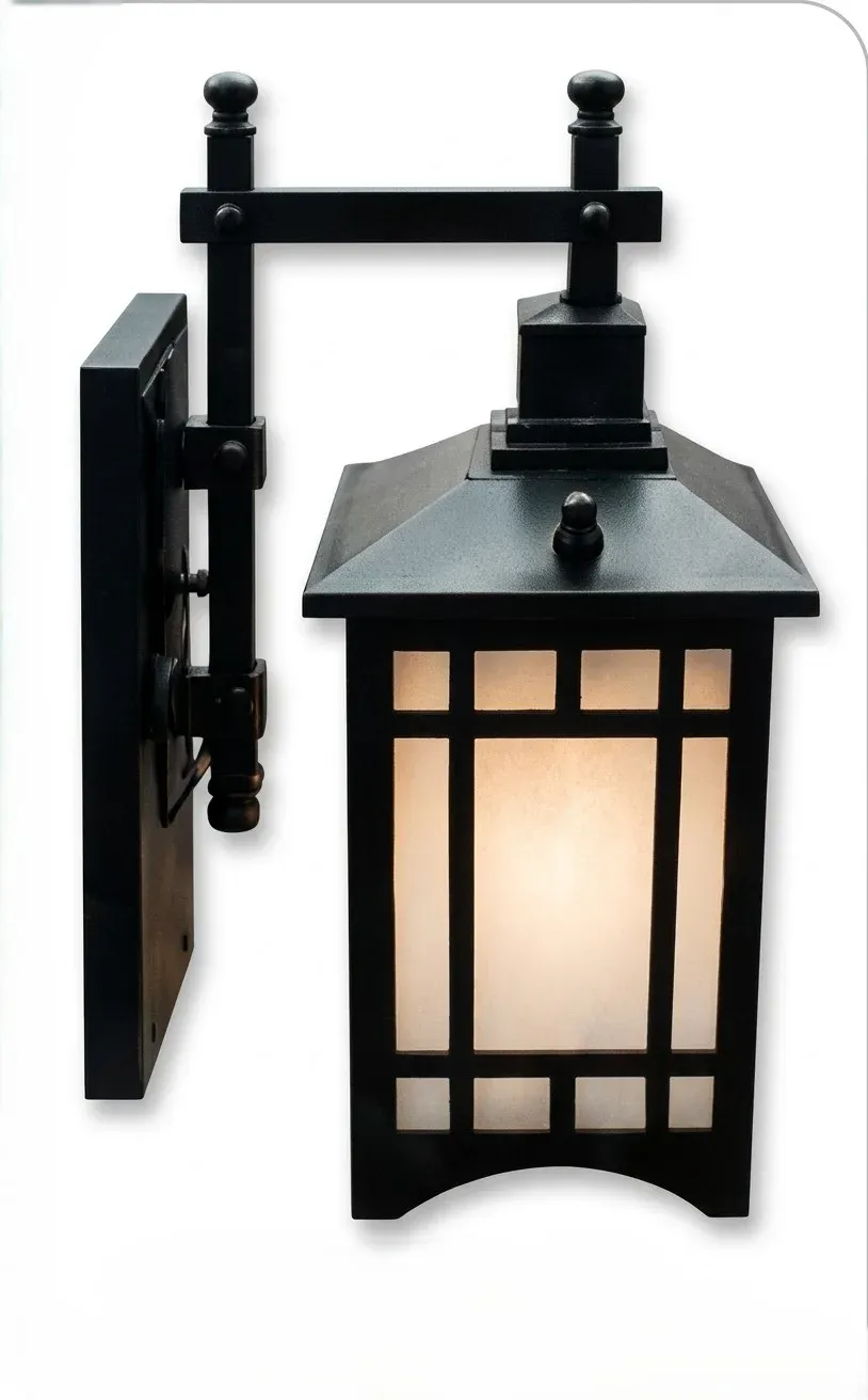Box style outdoor lantern wall light with rectangular glass panel, lit, on plain background