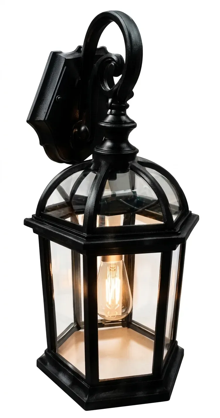 Hexagonal outdoor lantern wall light with domed top and scrolled bracket, on plain background