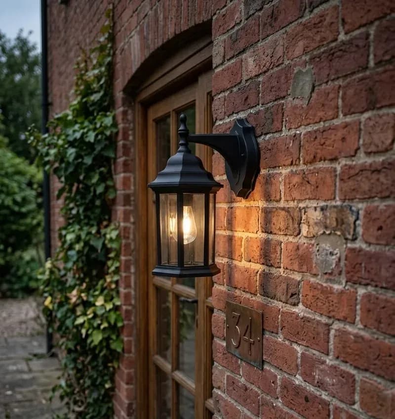 Matte black outdoor wall lantern lit on a brick exterior wall