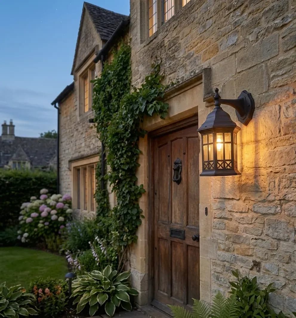 Caged outdoor wall light lit beside a stone entrance door