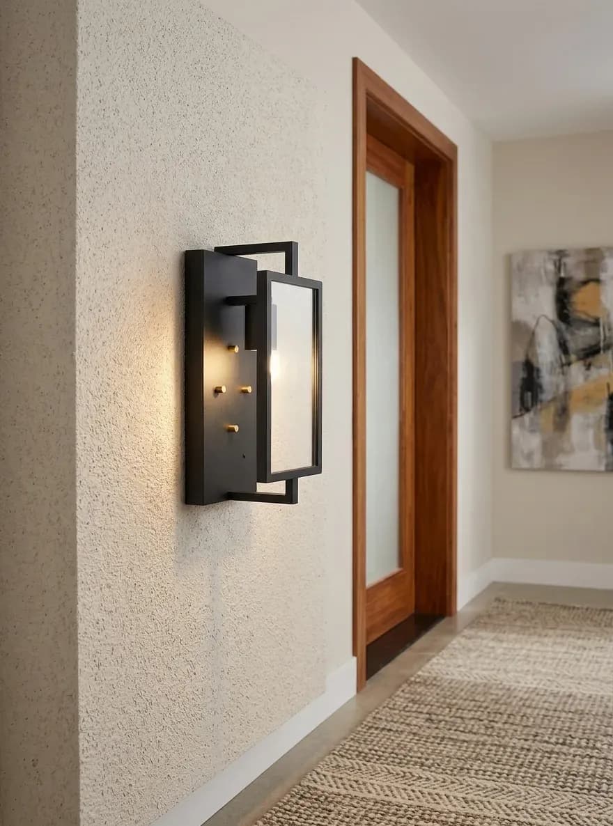 Hinged door outdoor wall lantern with clear glass, lit beside a wood entrance door