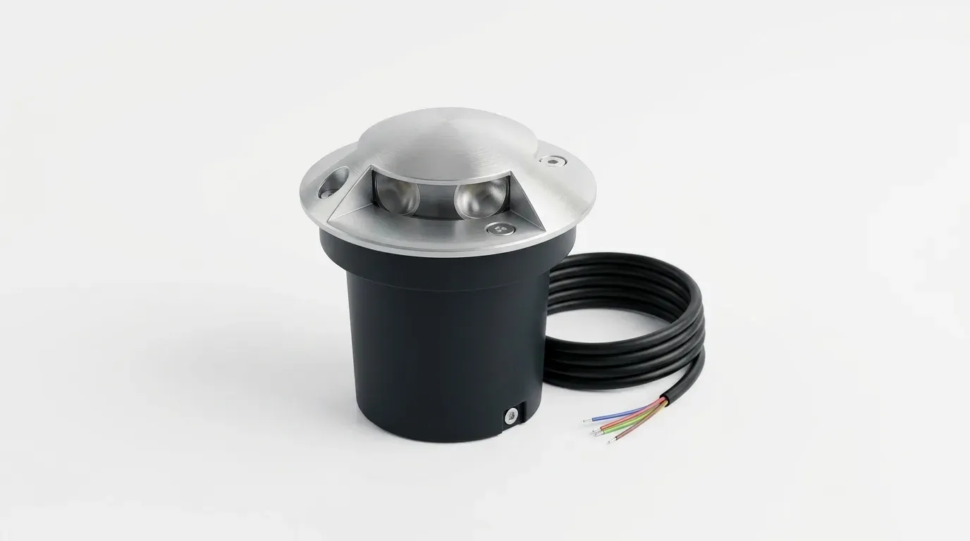 Recessed inground LED light with cable, one sided beam design, on plain background