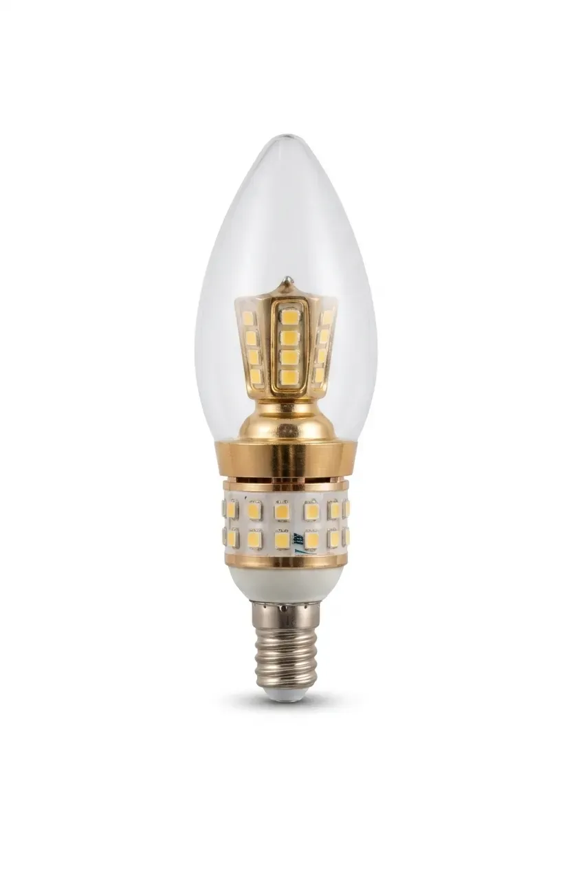 Candle shaped LED bulb with E14 base on plain background