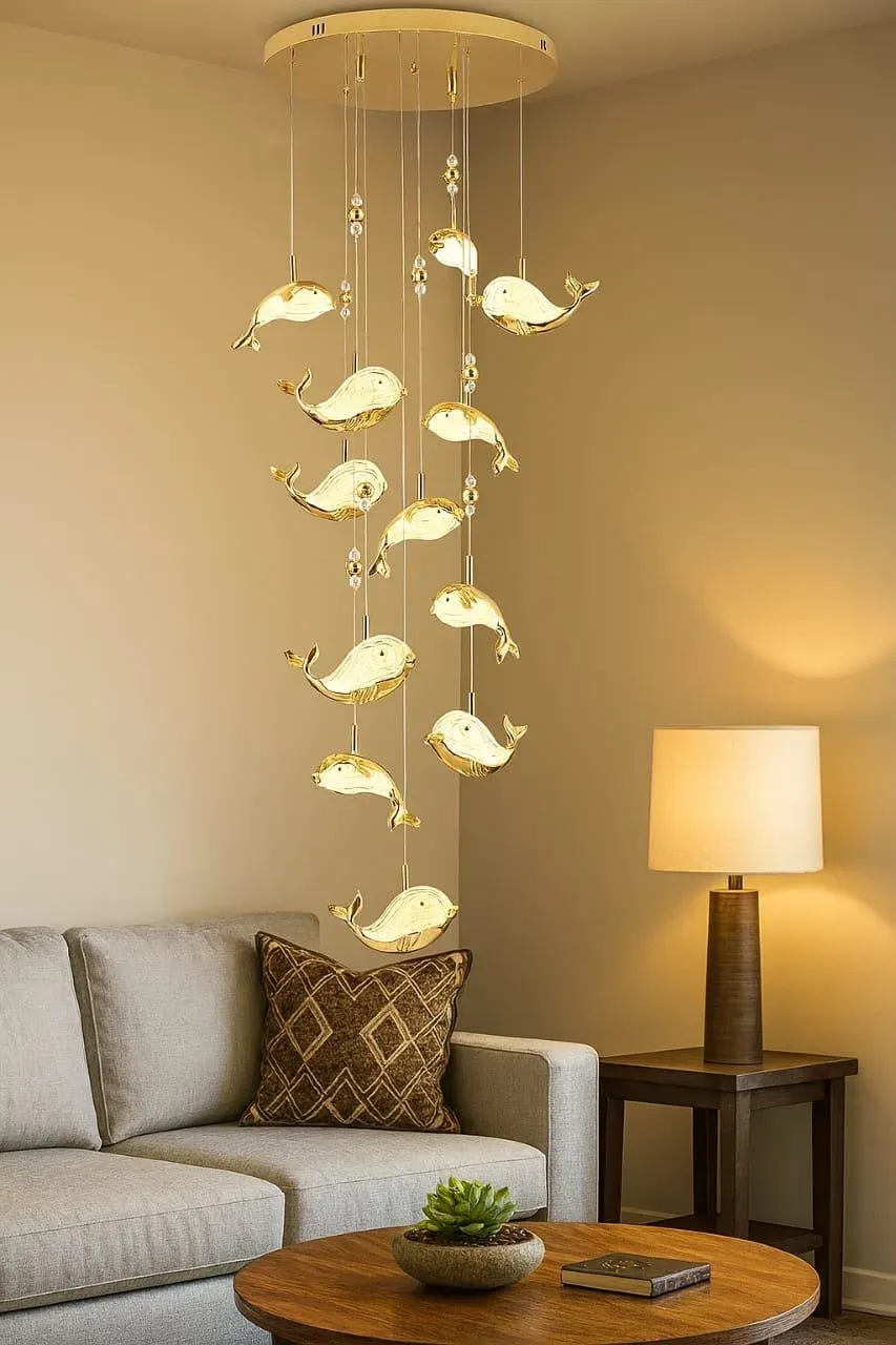 Gold whale pendant chandelier hanging above a living room sofa, lit