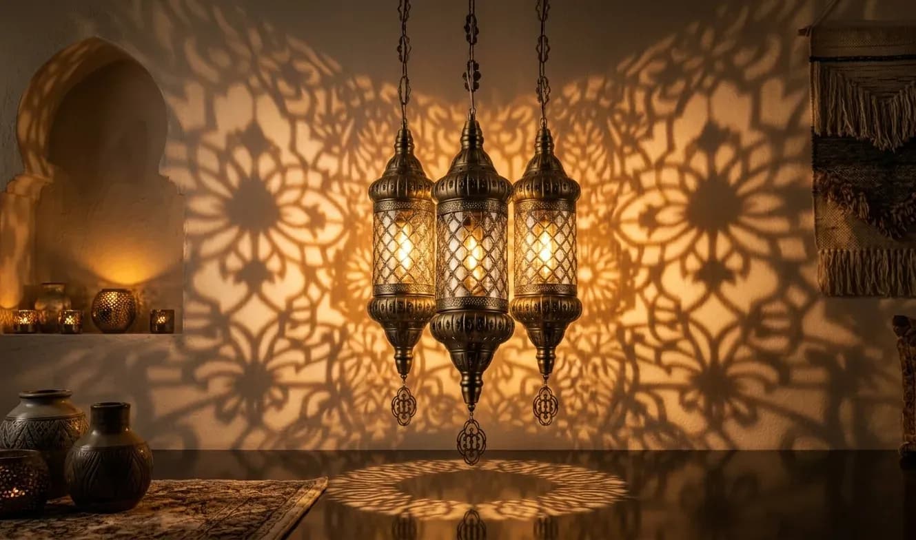 Moroccan pendant chandelier lantern casting a decorative light pattern