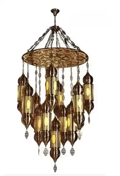 Moroccan cluster chandelier with tiered lantern pendants on plain background