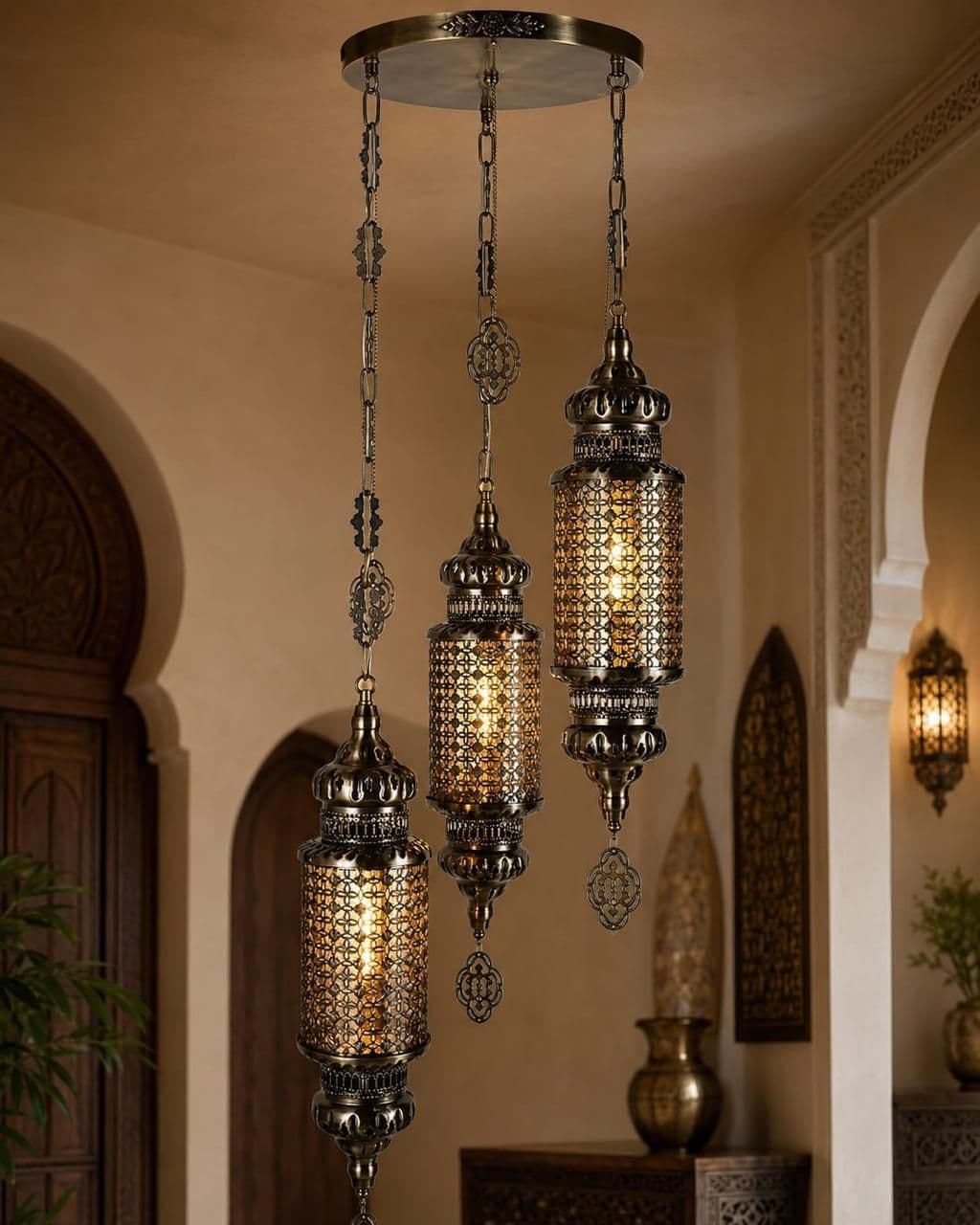 Moroccan 3 light pendant chandelier with antique brass lanterns hanging in an arched hallway, lit