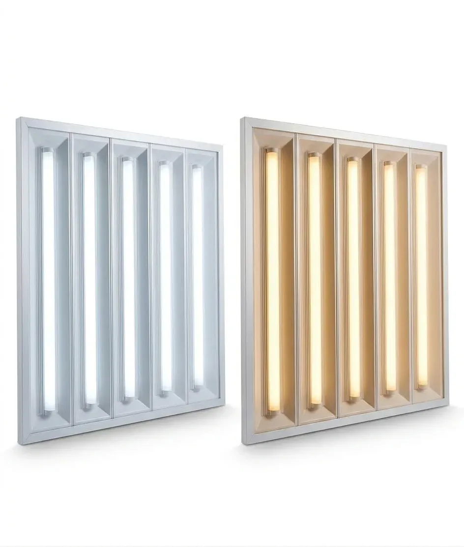 60x60 LED ceiling panel lights in white and warm white side by side on plain background