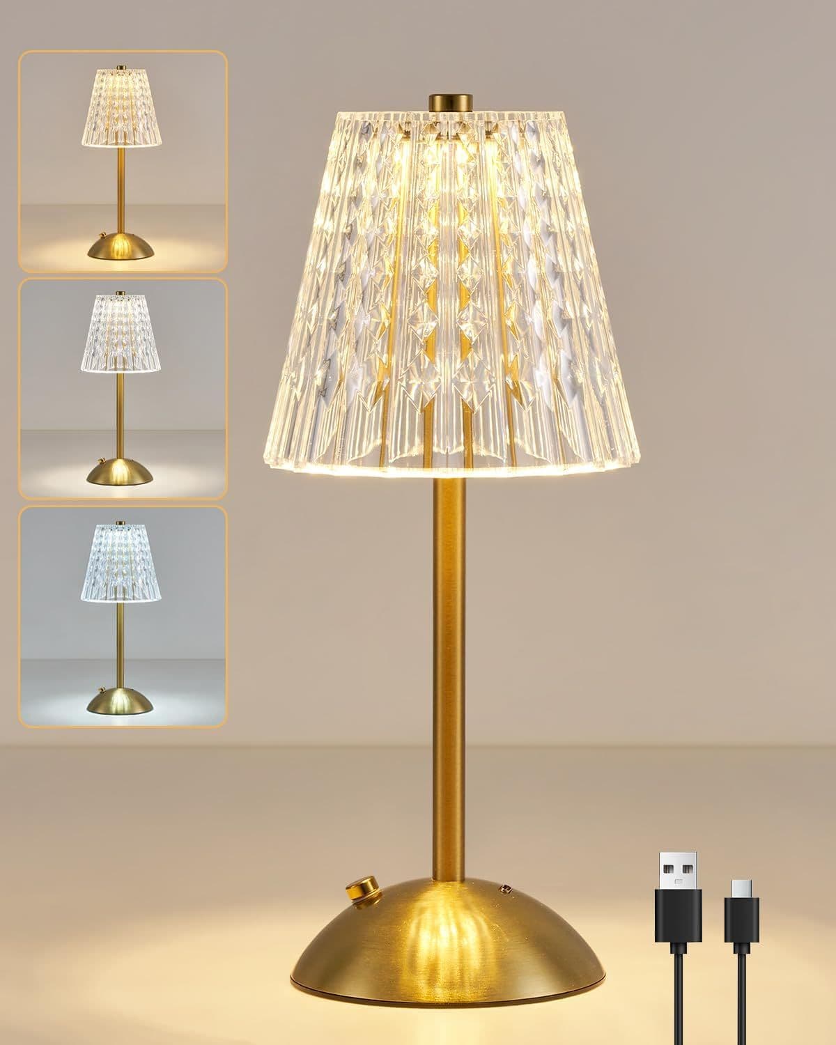 Three gold table lamps with clear shades lit in warm, natural, and white light