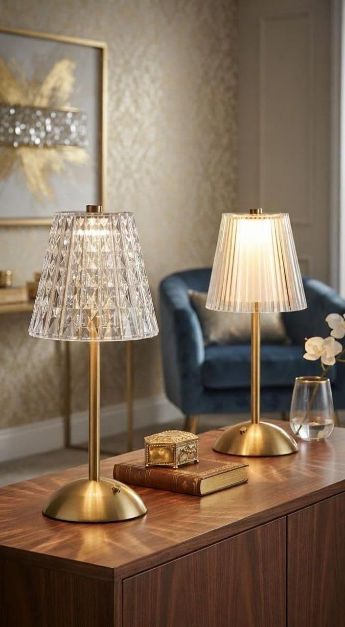 Gold table lamp with a clear shade lit on a console table with a blue armchair behind
