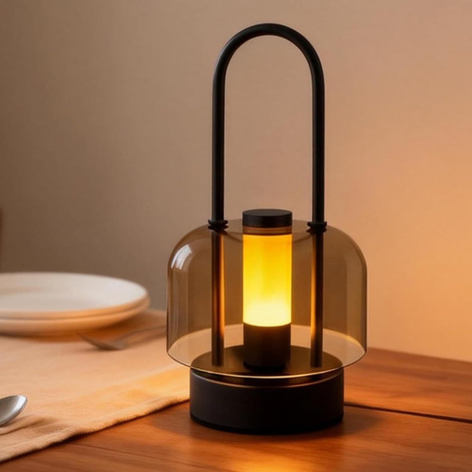 Portable lantern table lamp with a black handle lit with a warm glow on a wooden table beside a plate