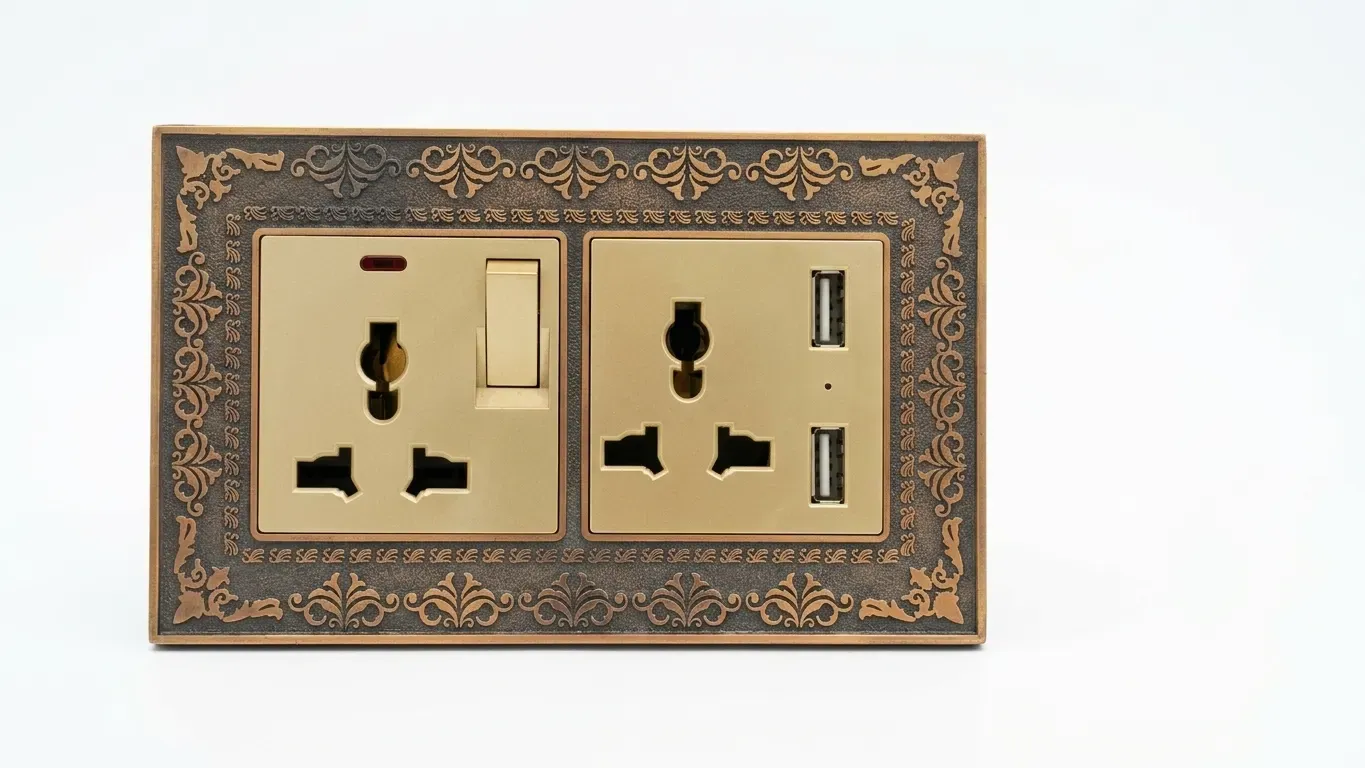 Antique copper embossed double wall plate with two multi plug sockets on a plain background
