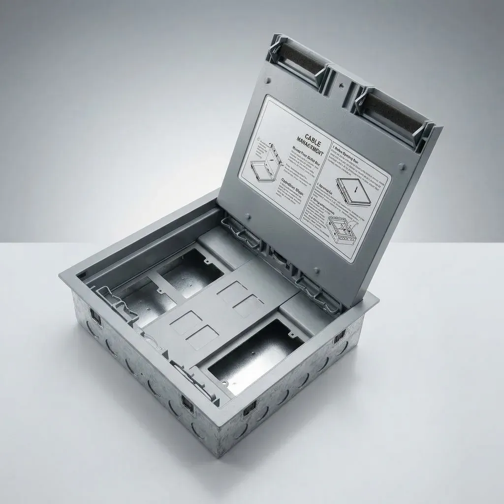 Gray flush mount floor box with the lid open showing the socket and data compartments, on a plain background