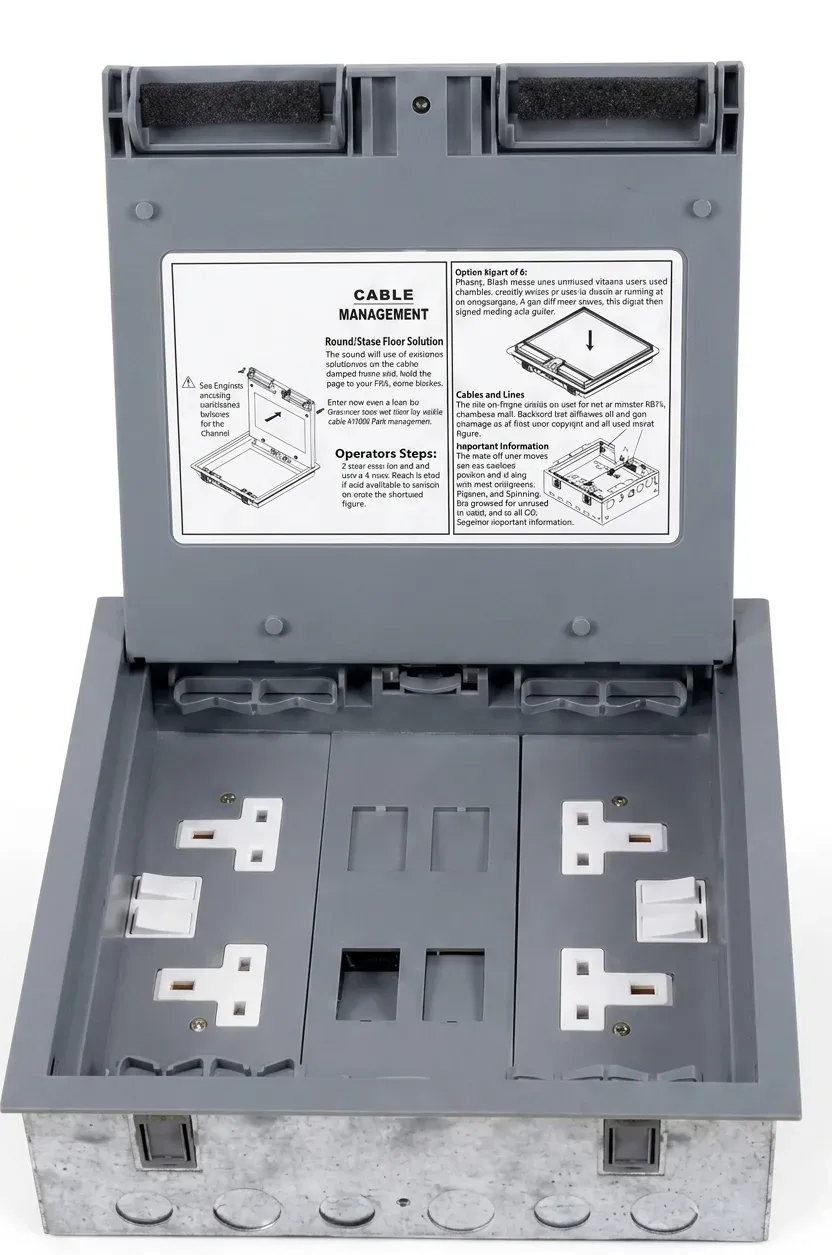 Flush mount floor box with a dark lid shown with dimension lines for length, width and height