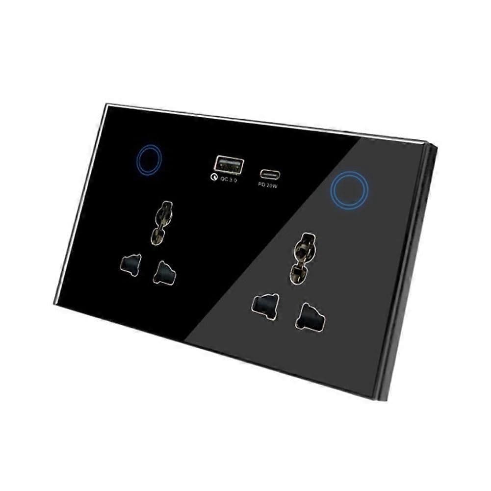 Black smart WiFi double wall socket with lit touch rings, USB A and Type C ports, seen at an angle